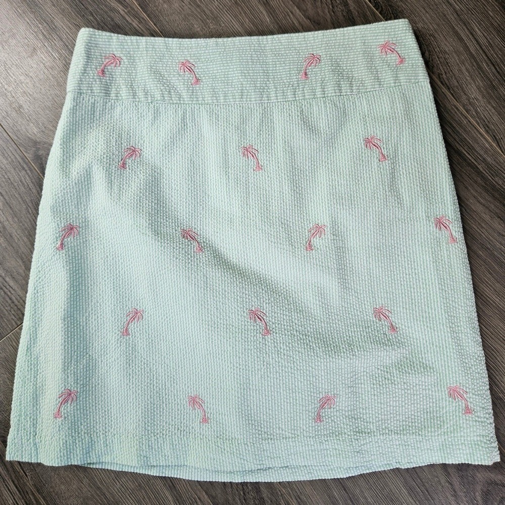 Castaway Nantucket Island Womens Green Seersucker Palm Tree Mini Skirt Size 2